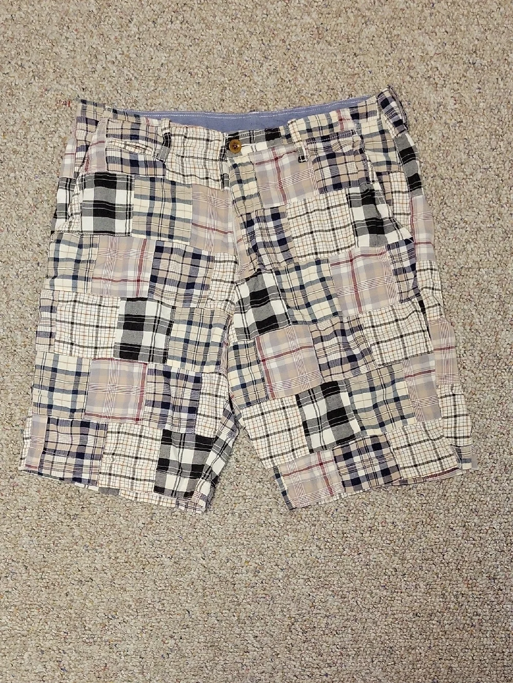 J. Crew Men's Patchwork Madras Plaid Field Shorts Beige Blue Black Sz 34 Preppy